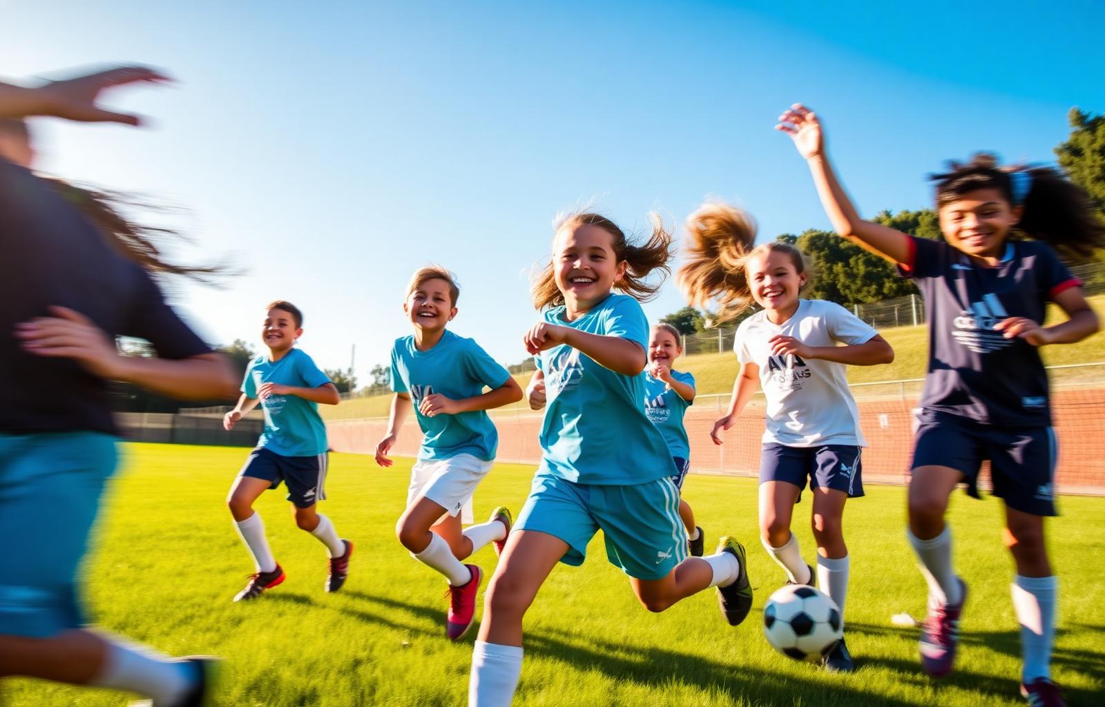 Young soccer players celebrating on a green field